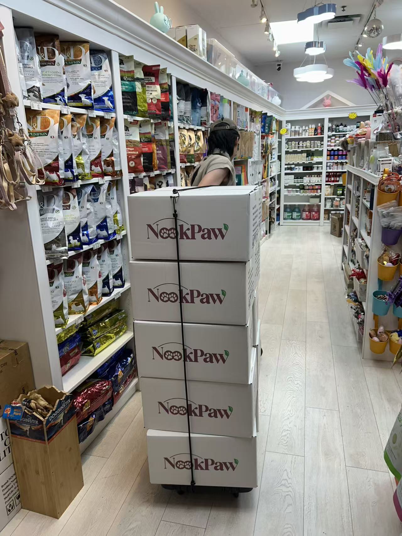 NookPaw wholesale cartons being delivered through the aisle of a local pet store