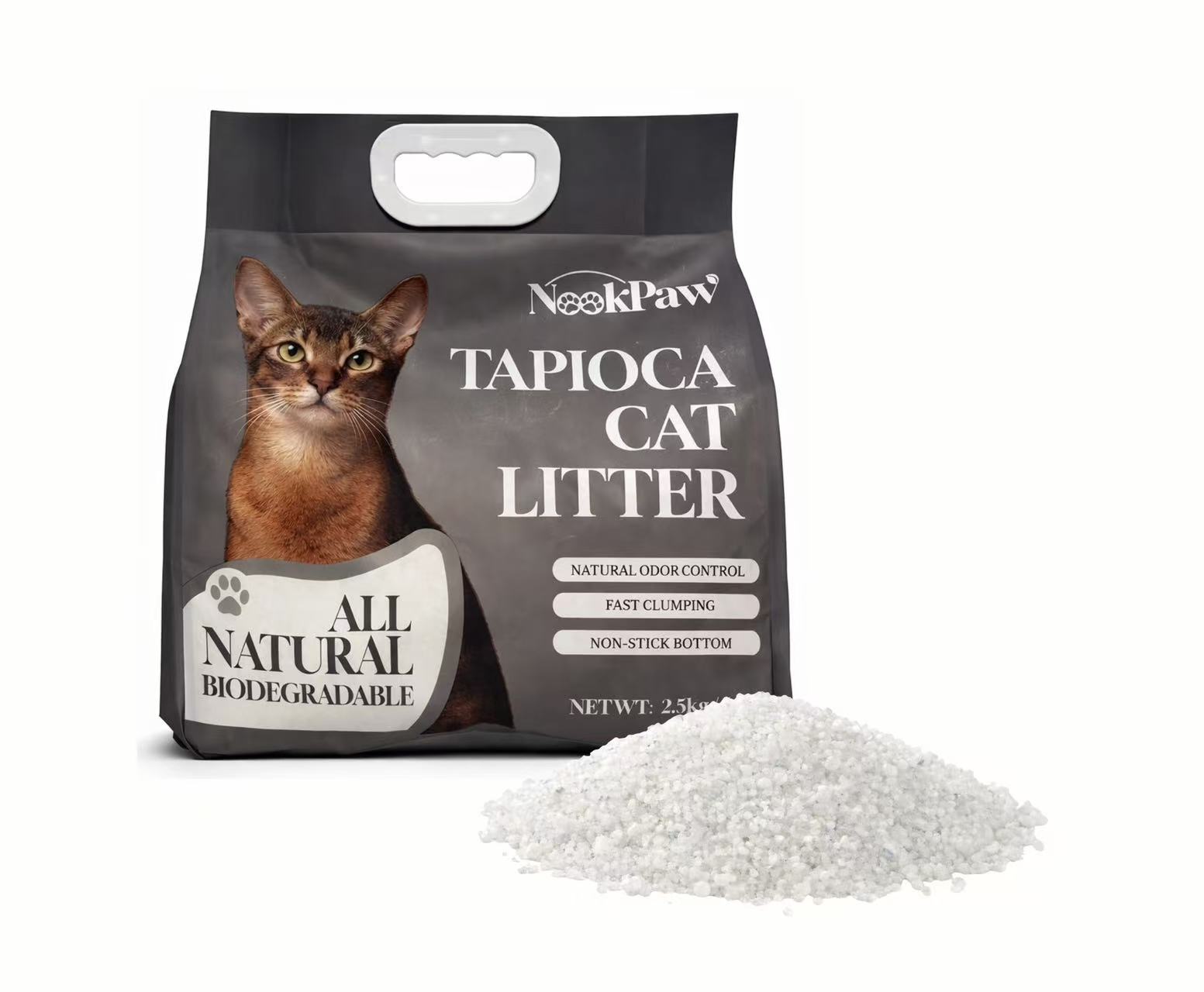 NookPaw Tapioca Cat Litter 2.5 kg bag with fine white tapioca litter granules