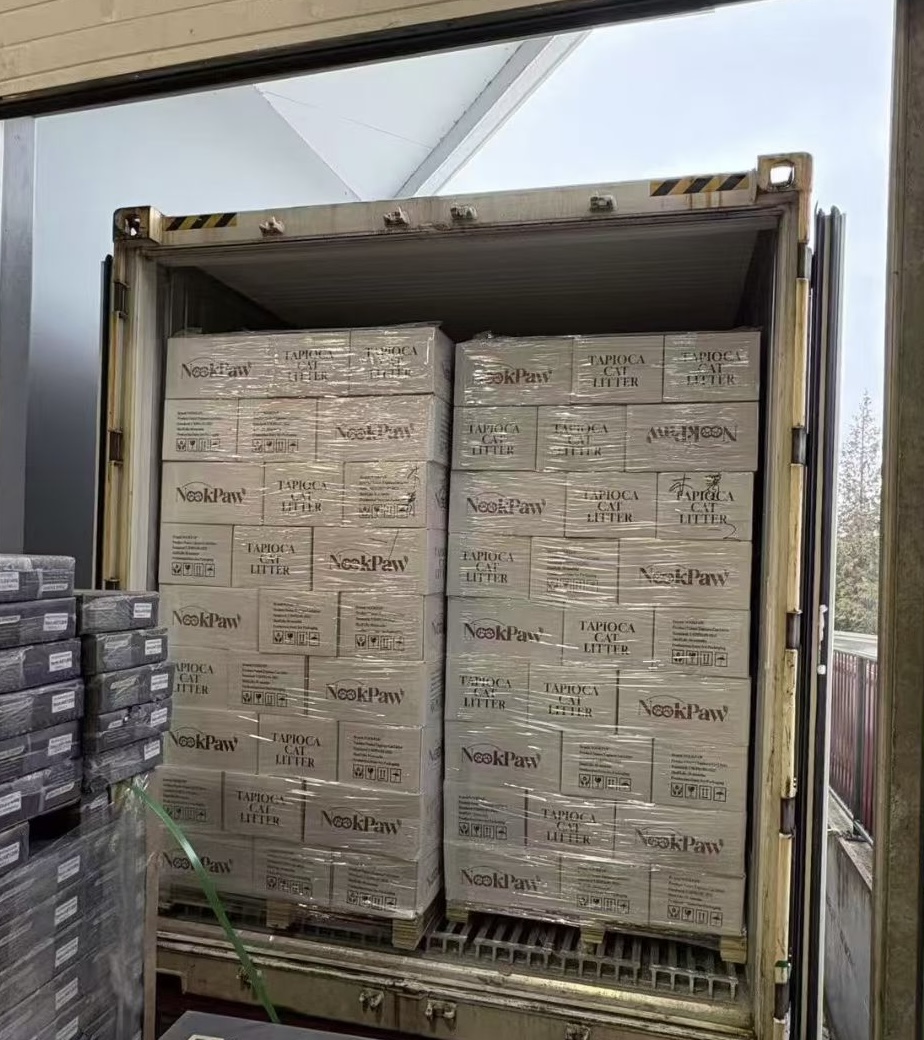 A shipping container of NookPaw cartons arriving at the Cattus warehouse
