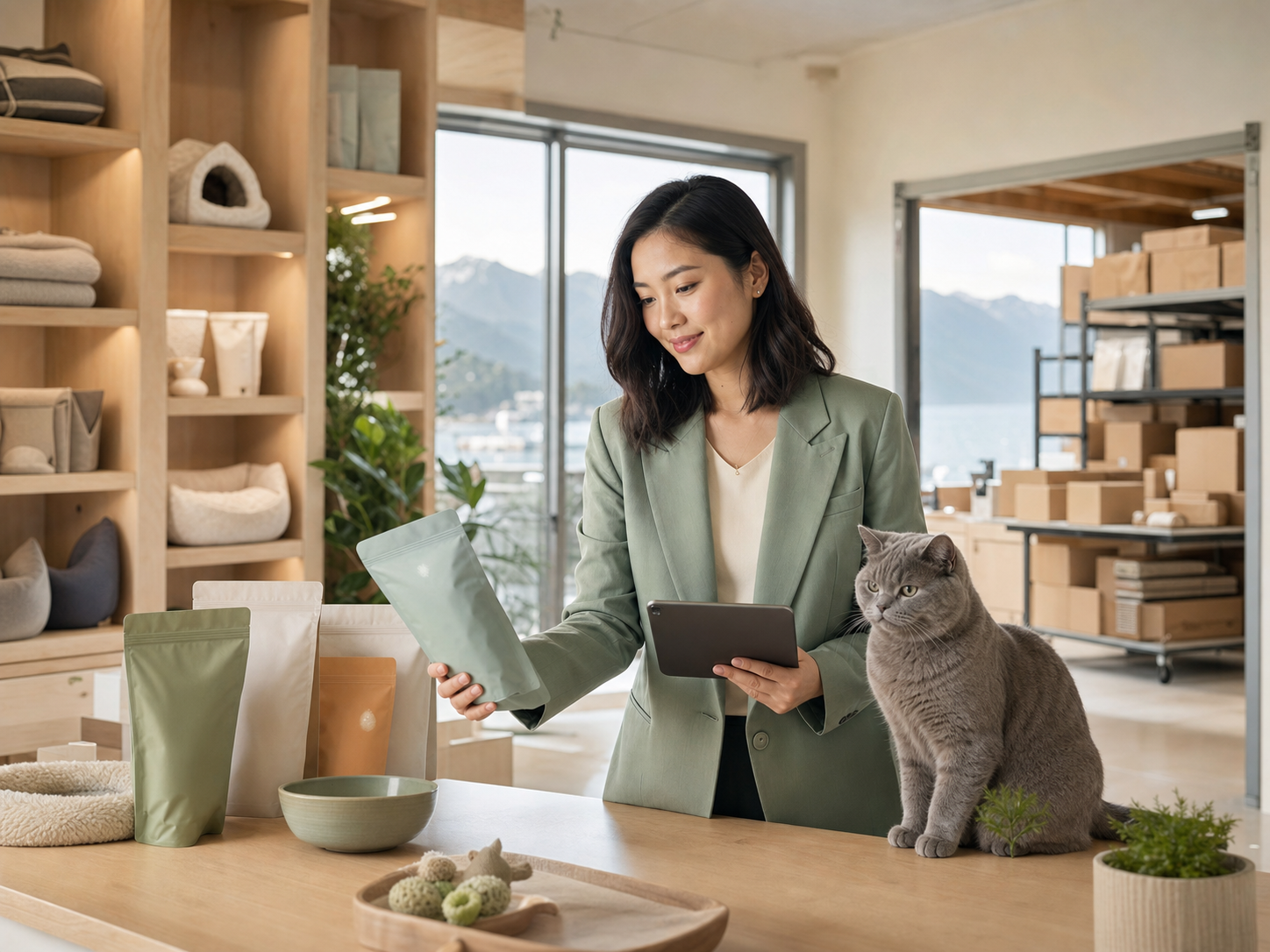 A Vancouver pet market specialist reviewing premium products beside a cat in a modern showroom and warehouse