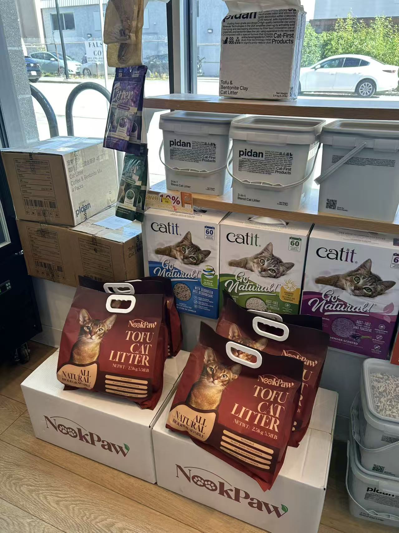 NookPaw products displayed on the shelf of a partnered local pet store