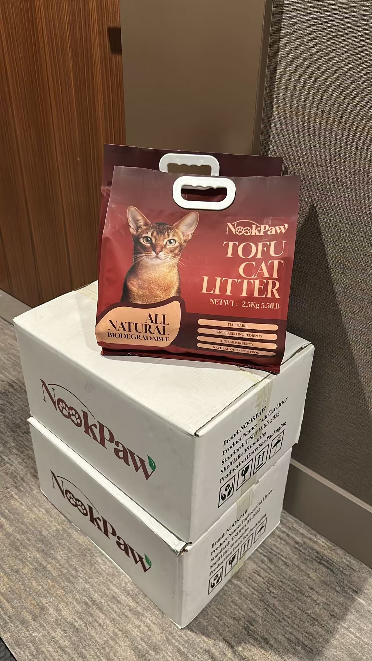 NookPaw Tofu Cat Litter bag on shipping cartons